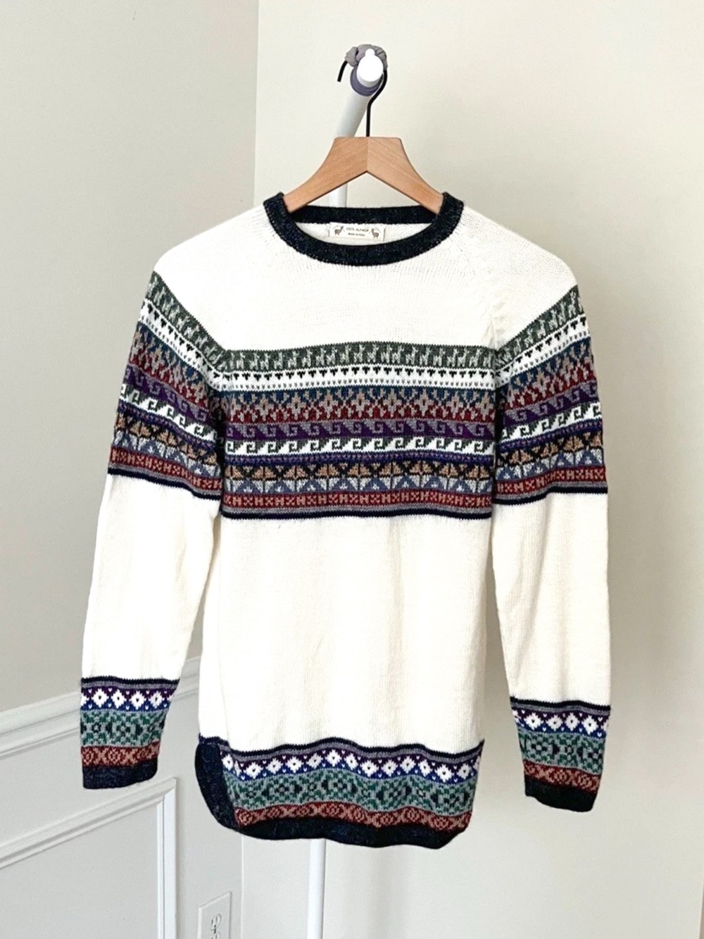 Vtg 1980s Alpine Winter Sweater 100% Alpaca Wool Fair Isle Pullover Womens Small